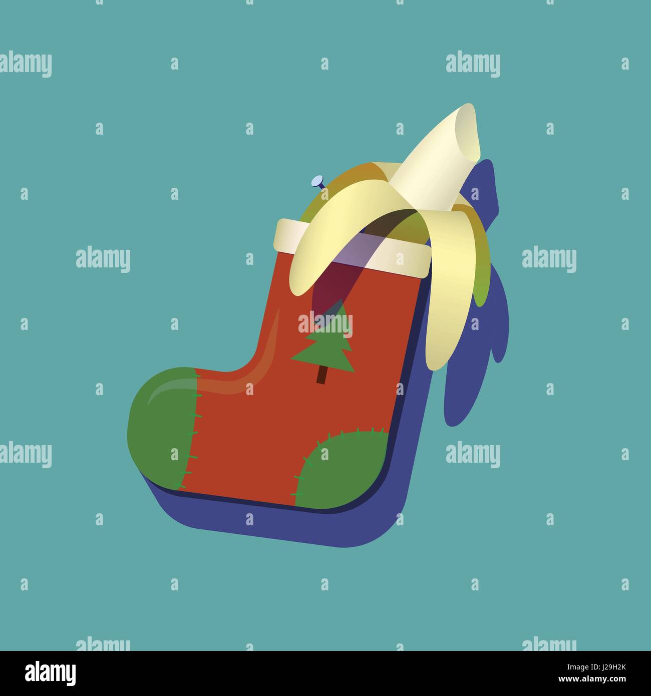 Vector illustration de bas de Noël rouge chaussette avec banane pour monkey année 2016 Illustration de Vecteur