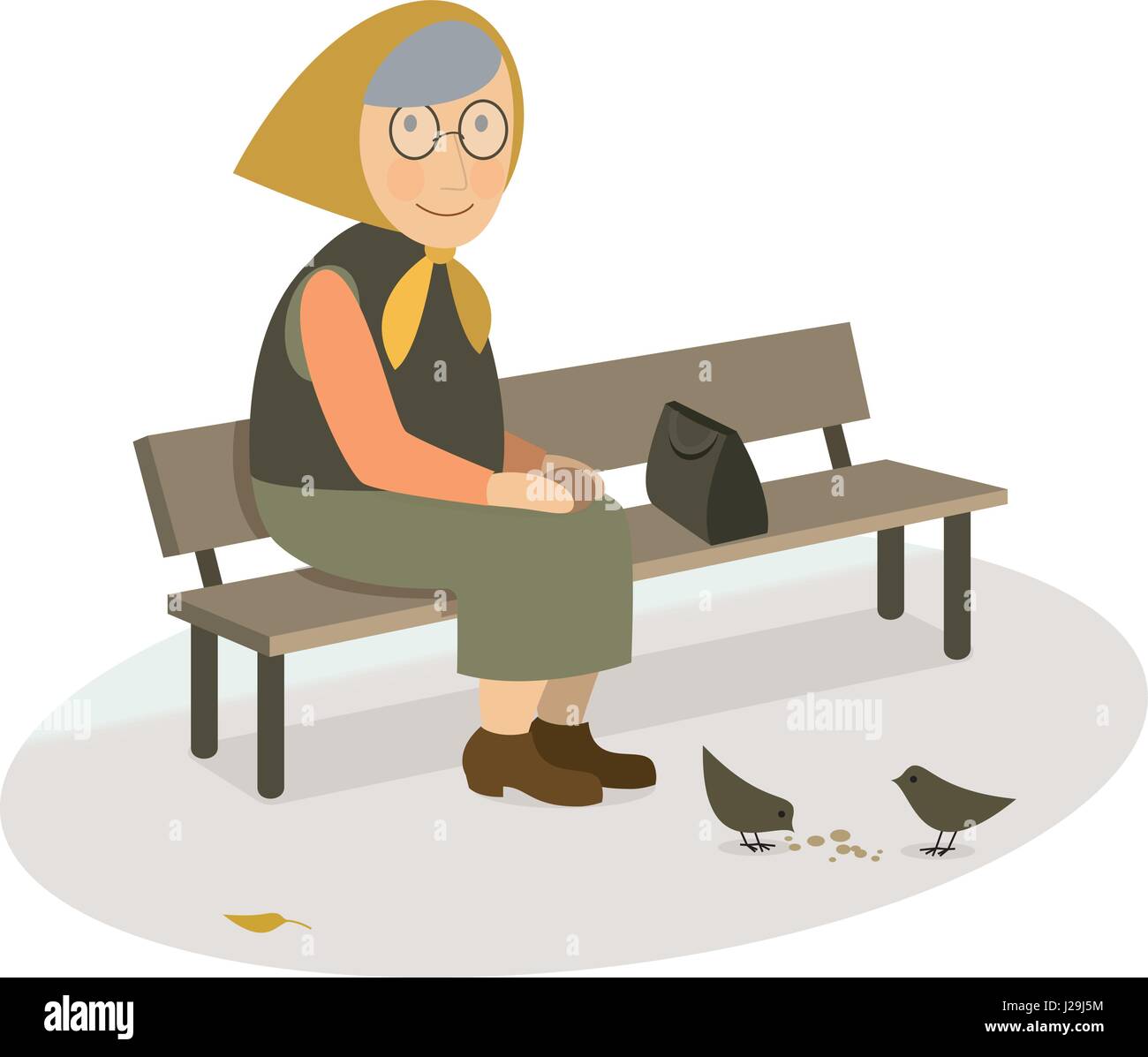 Grand-mère de la CEI personnes âgées vieille femme assis sur un banc, se nourrir les pigeons avec la chapelure dans le parc télévision vecteur illustration isolé sur blanc backgrou Illustration de Vecteur