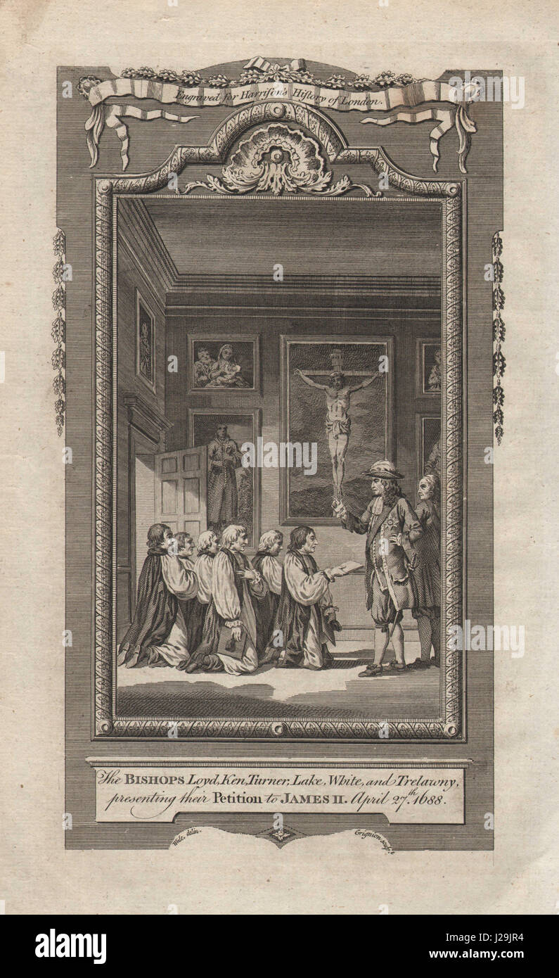 Les "sept pétitions des évêques le roi James II, 1688. HARRISON 1776 old print Banque D'Images