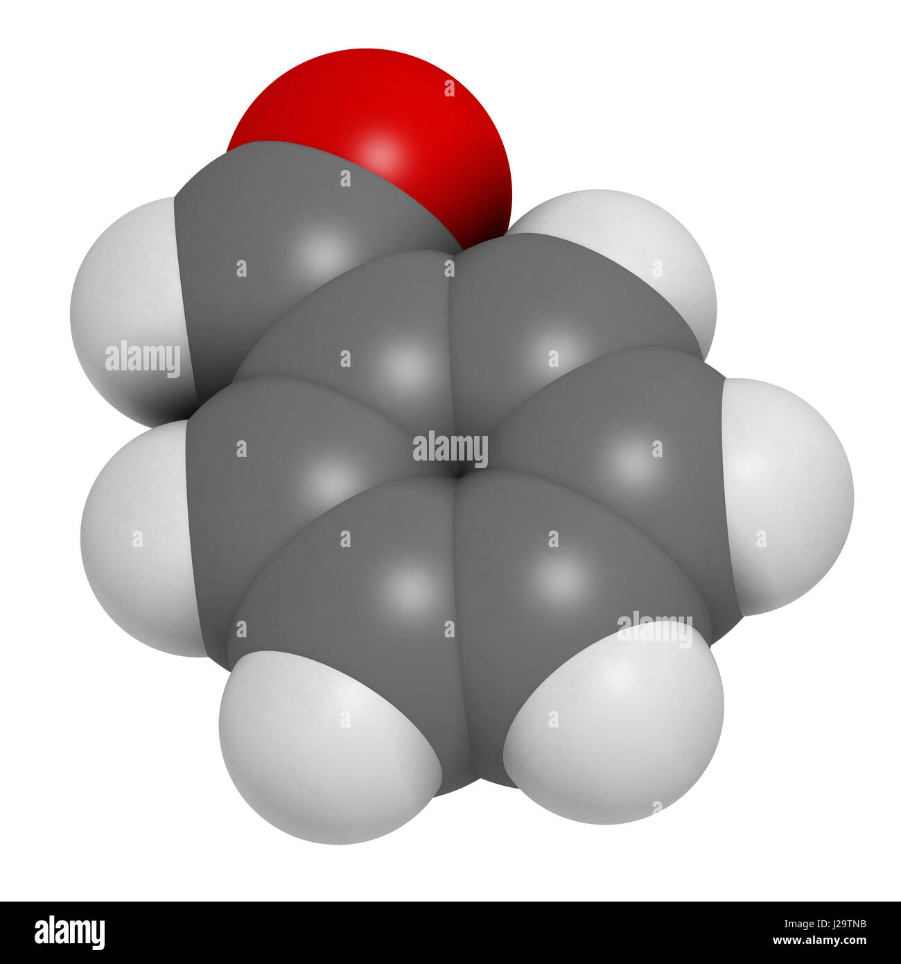 Le benzaldéhyde amande amère molécule d'odeur. Le rendu 3D. Les atomes sont représentés comme des sphères classiques avec codage couleur : blanc (hydrogène), carbone (gre Banque D'Images