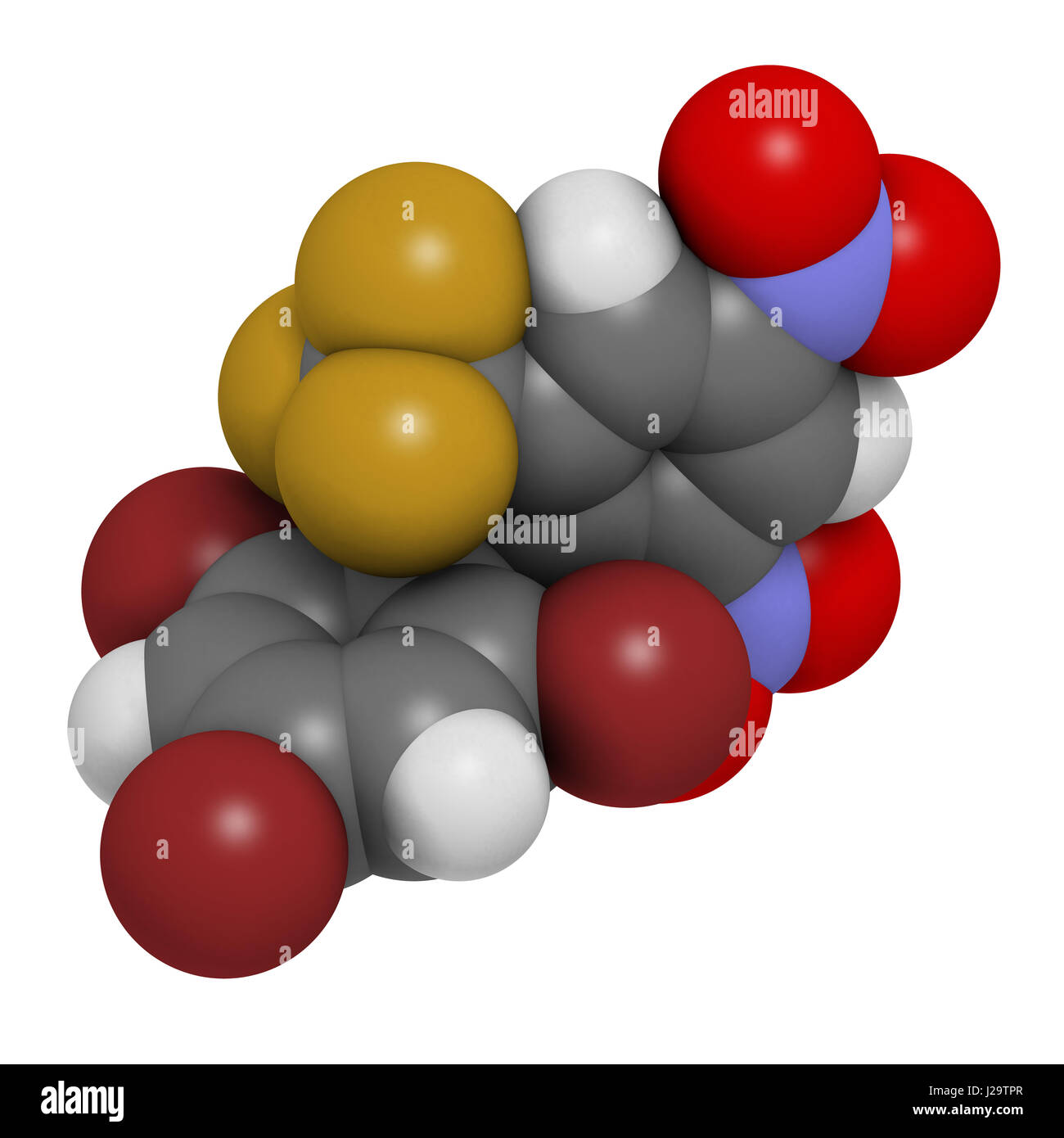 Rodenticide Bromethalin (molécule-aux-rats). Le rendu 3D. Les atomes sont représentés comme des sphères classiques avec codage couleur : blanc (hydrogène), carbone Banque D'Images