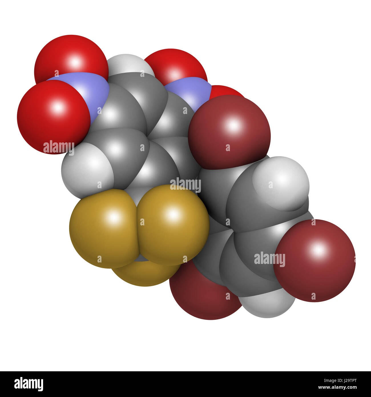 Rodenticide Bromethalin (molécule-aux-rats). Le rendu 3D. Les atomes sont représentés comme des sphères classiques avec codage couleur : blanc (hydrogène), carbone Banque D'Images