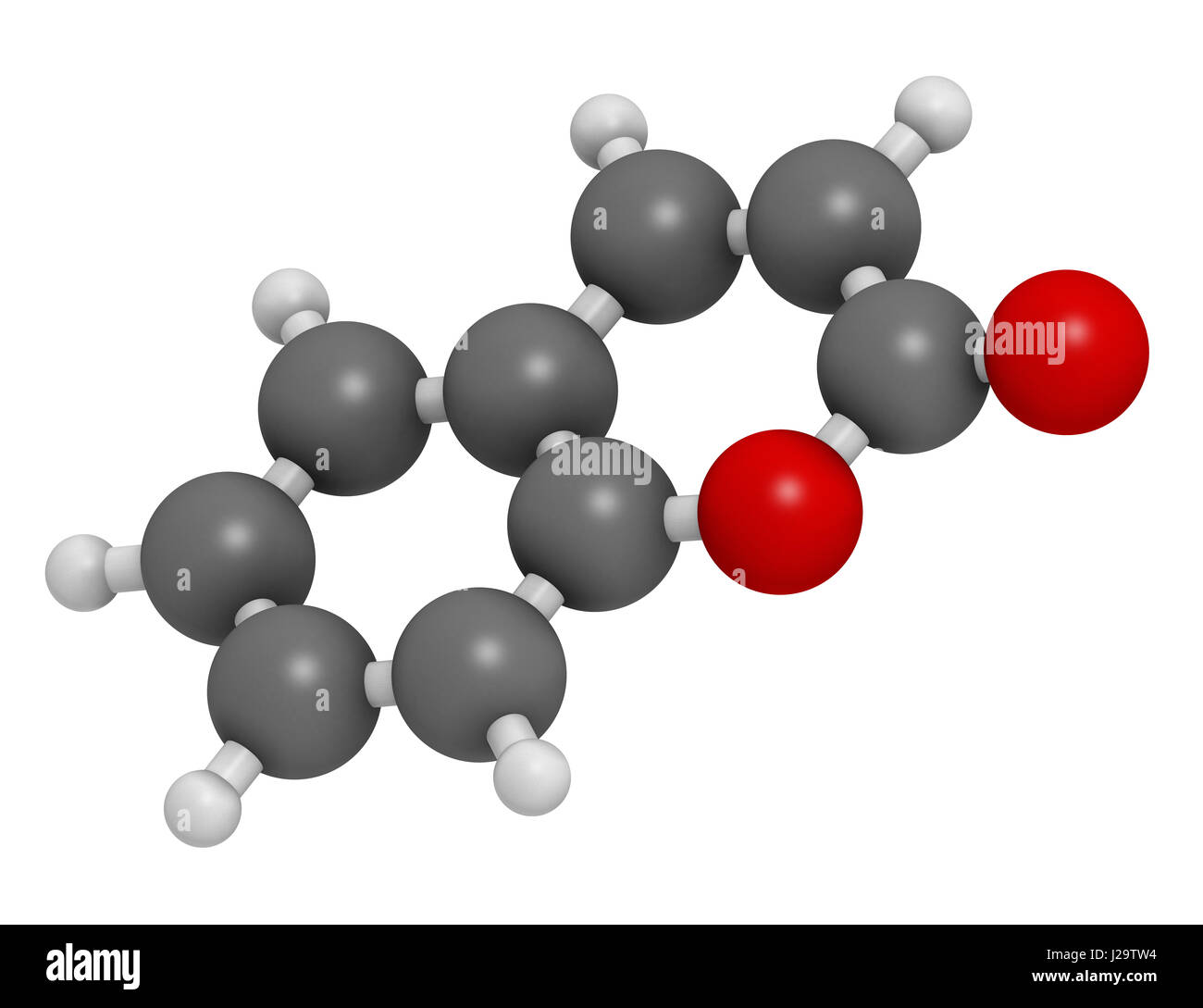 Molécule parfumée aux herbes de la coumarine. Responsable de l'odeur du foin fauché à nouveau. Le rendu 3D. Les atomes sont représentés comme des sphères de couleur classiques codi Banque D'Images