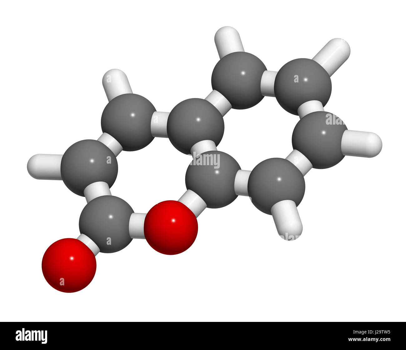 Molécule parfumée aux herbes de la coumarine. Responsable de l'odeur du foin fauché à nouveau. Le rendu 3D. Les atomes sont représentés comme des sphères de couleur classiques codi Banque D'Images