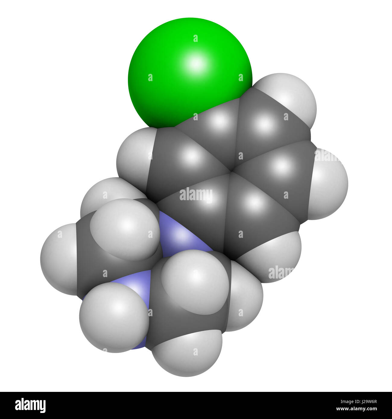 Méta-chlorophenylpiperazine (mCPP) molécule psychotrope. Le rendu 3D. Les atomes sont représentés comme des sphères avec codage couleur classiques : l'hydrogène Banque D'Images