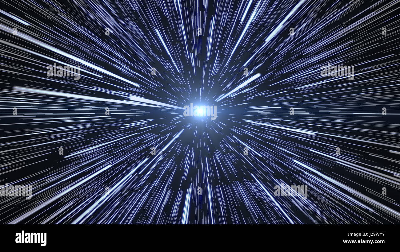 Chaîne de l'hyperespace star voyage avec la vitesse de la lumière, de la science-fiction illustration, 7680x4720 résolution. Banque D'Images