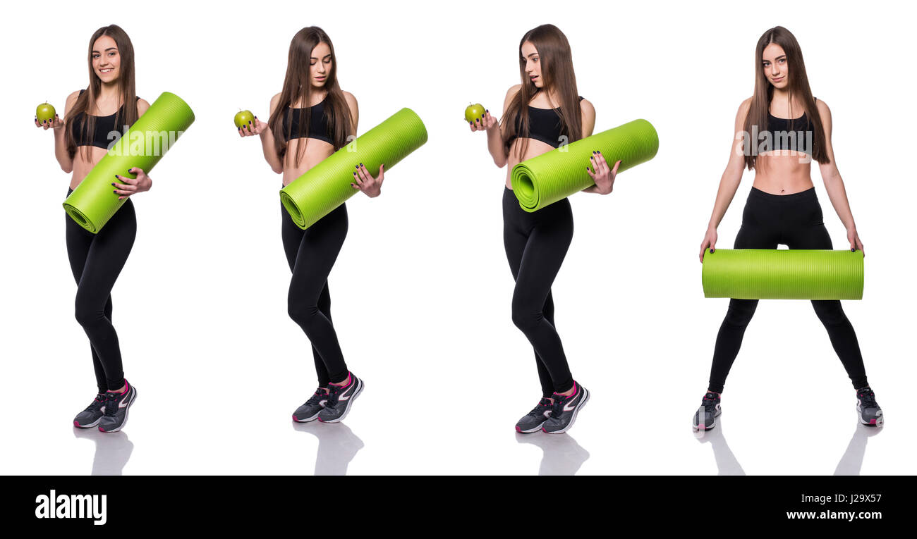 Jeune femme fitness attrayant prêt pour la tenue d'entraînement yoga mat vert isolé sur fond blanc. Image composite Banque D'Images