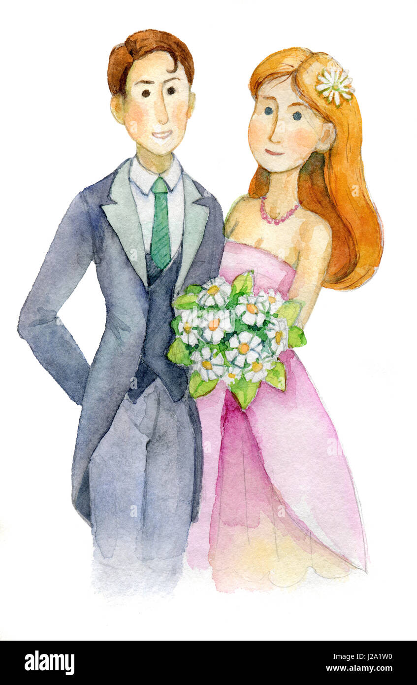 Jeunes mariés - mariage, mariés, fiancés et fête de mariage invitation, carte de vœux, aquarelle, aquarelle Banque D'Images