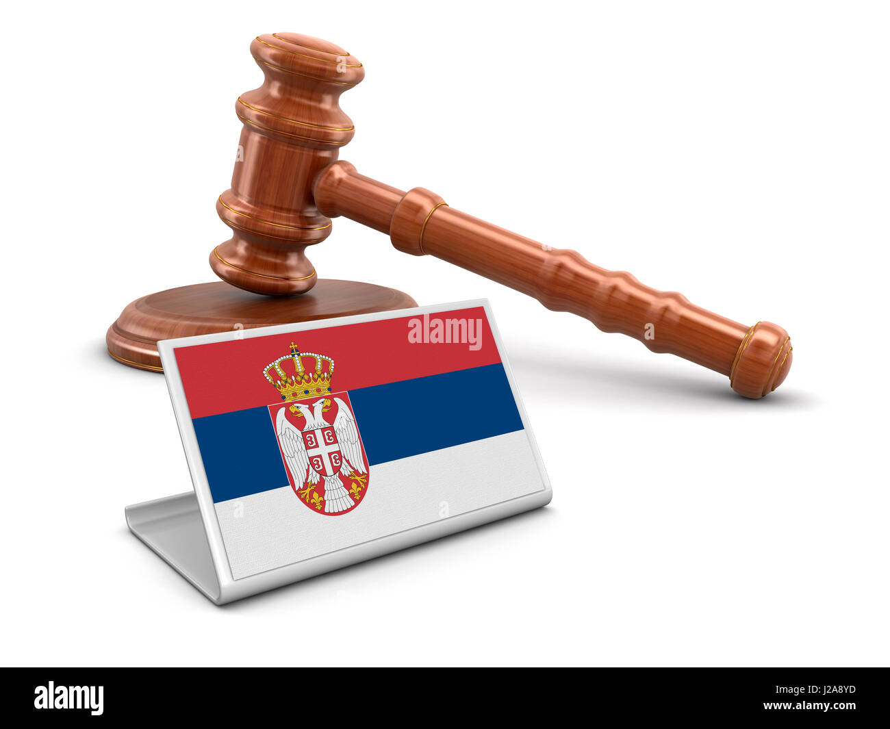 Maillet en bois 3d et d'un drapeau serbe. Image avec clipping path Banque D'Images