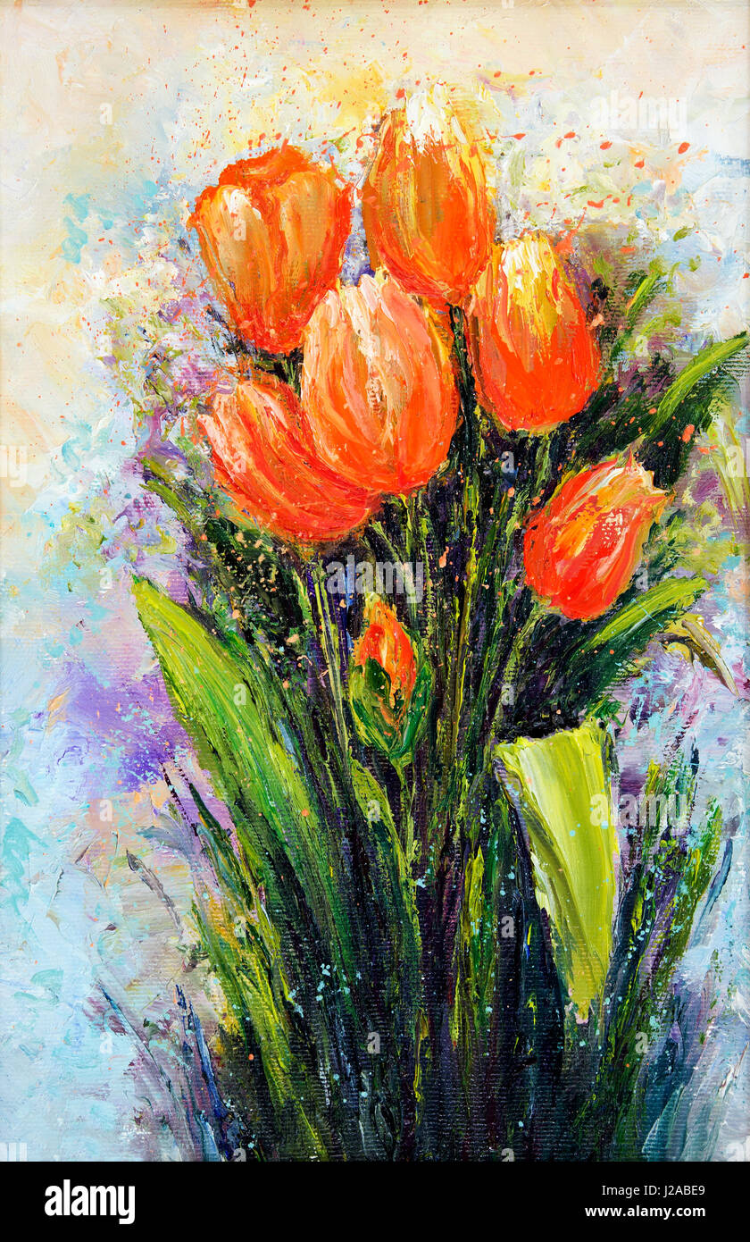 Peinture à l'huile originale montrant orange tulip bouquet de fleurs vivaces, de genre. plantes à bulbe de la famille des liliacées, le modernisme de l'impressionnisme moderne .,mar Banque D'Images