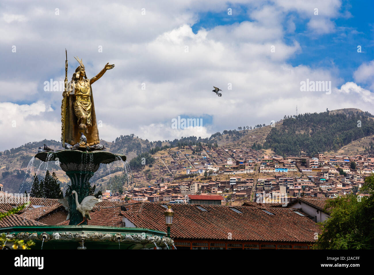 Pérou, Cusco, fontaine à la figure de l'Incacian Pachacuti, le probable fondateur Machu Picchus Banque D'Images