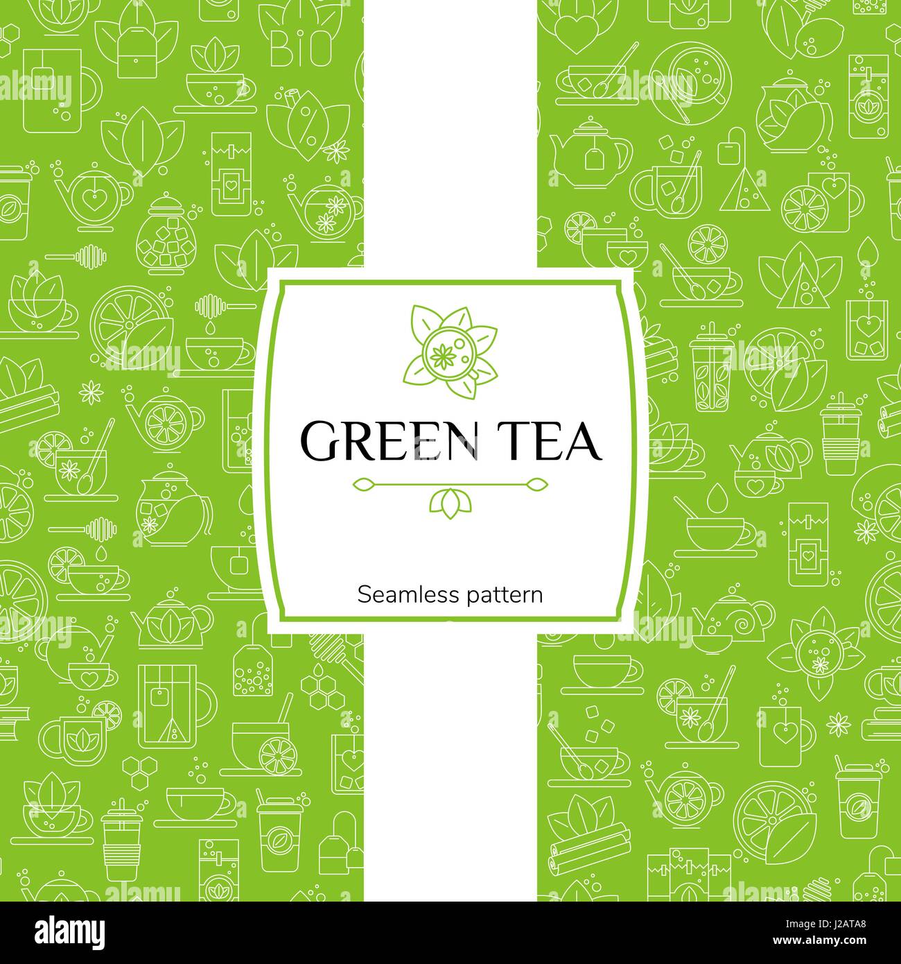 Plateau avec fond transparent fine ligne icons - modèle de thé vert Illustration de Vecteur