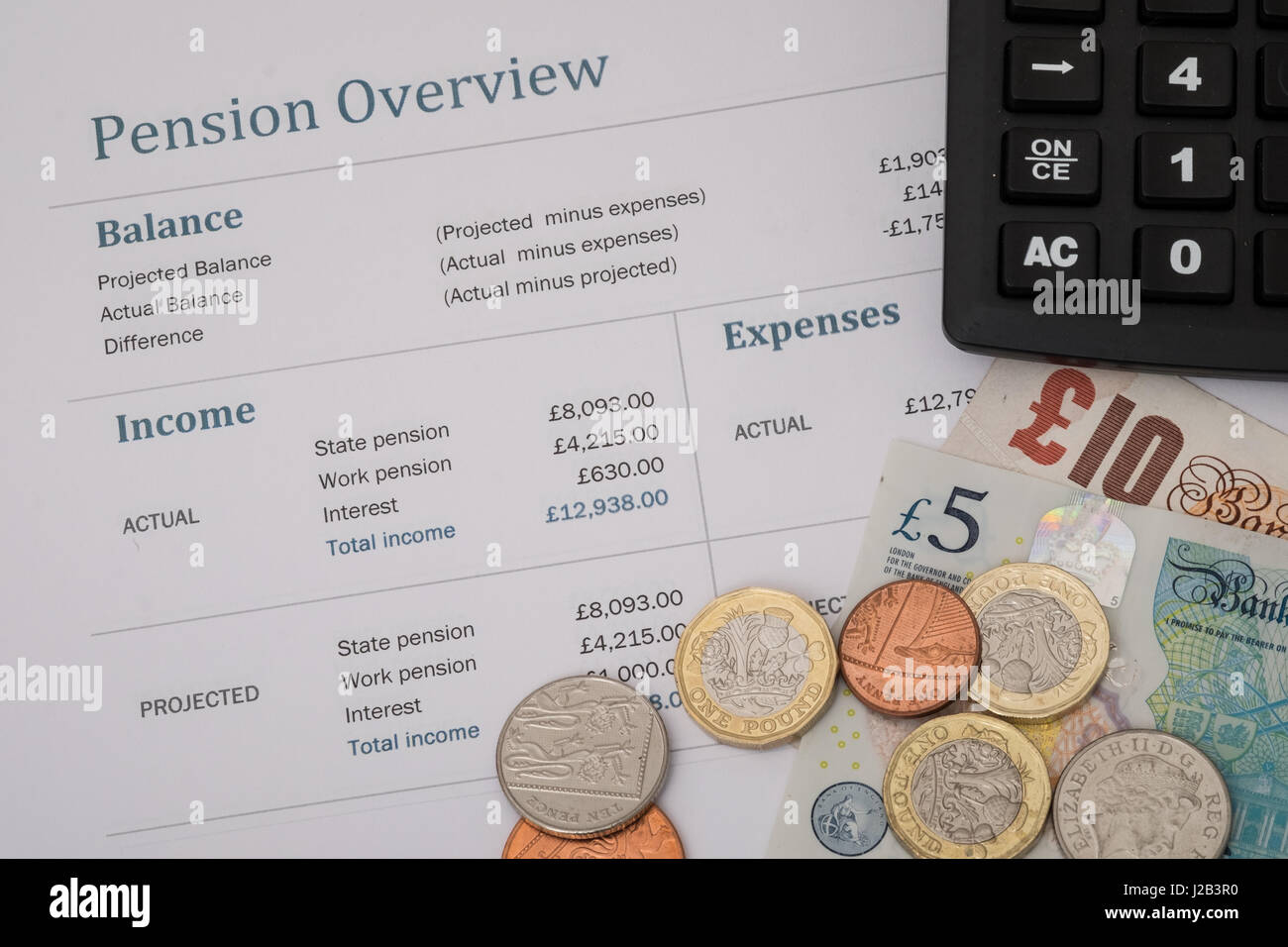 Pension d'état récapitulatif avec pièces et calculatrice UK Banque D'Images