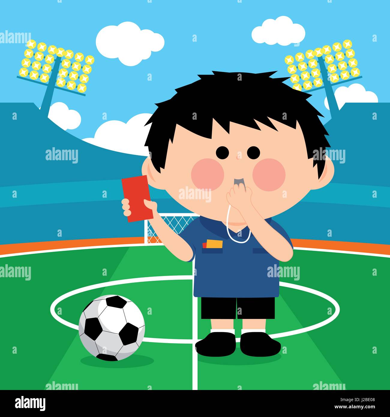 Arbitre de football qui siffle et montre un carton rouge dans un stade pendant le match. Équipe de football enfants dans un match. Illustration vectorielle Illustration de Vecteur