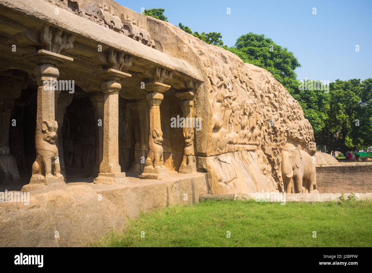 Mandapa Cave temple Inde rock sculpté Banque D'Images