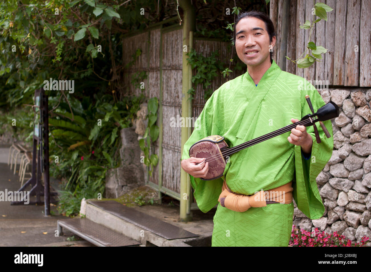 Un interprète masculin vêtu du costume traditionnel kimono japonais joue le shamisen, un instrument à cordes traditionnel, pour les visiteurs de la Ryukyu Mura sur l'île principale d'Okinawa. Banque D'Images
