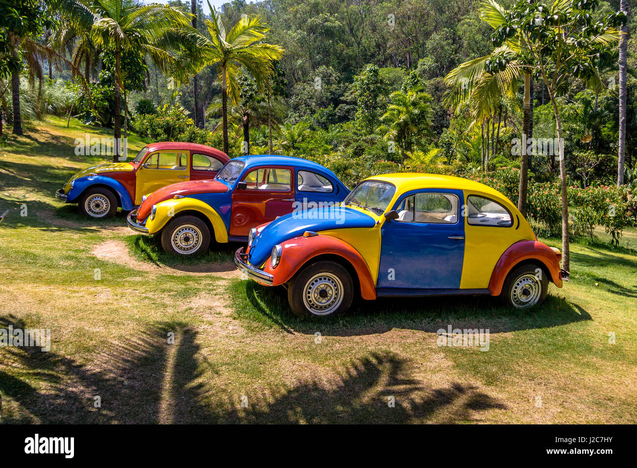 Les voitures de couleur de Troca-Troca par Jarbas Lopes, au Musée d'Art Contemporain Public Inhotim - Brumadinho, Minas Gerais, Brésil Banque D'Images