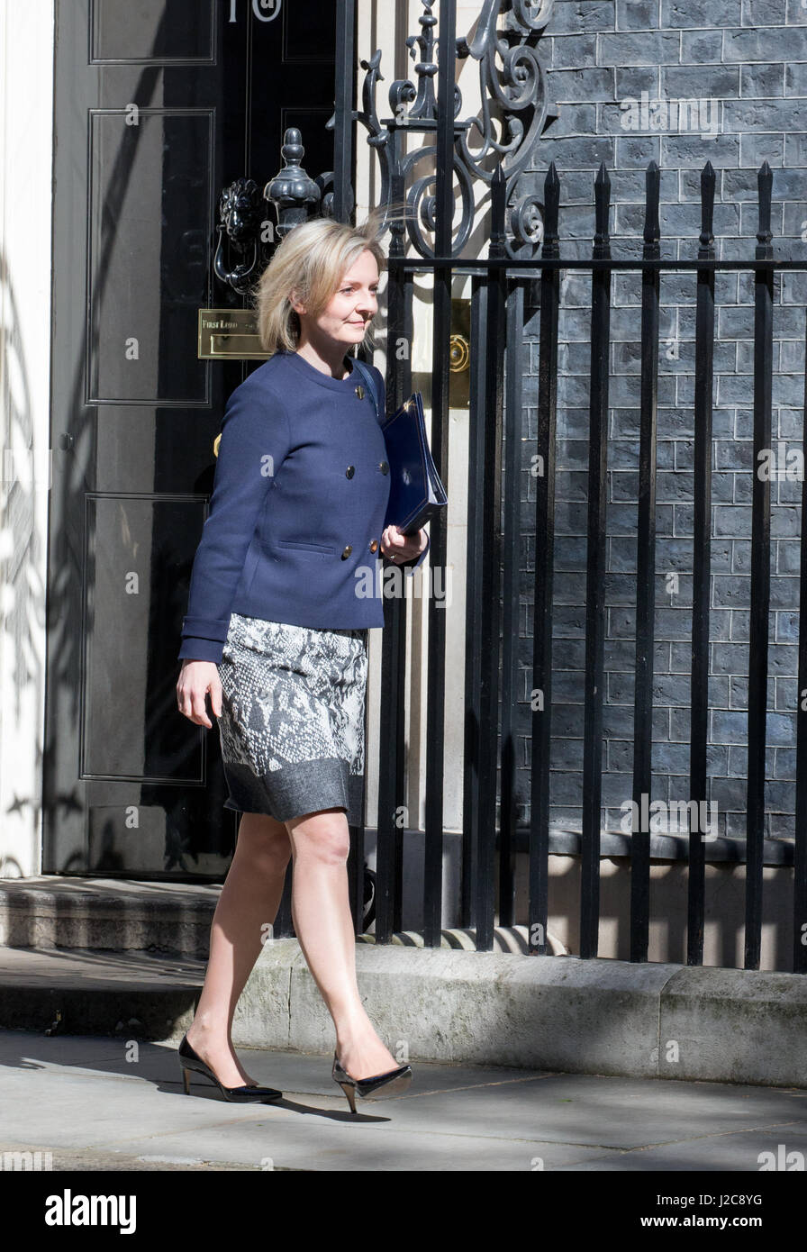 Liz Truss,secrétaire d'État à l'environnement, de l'alimentation et des affaires rurales au numéro 10 Downing Street pour une réunion du cabinet Banque D'Images