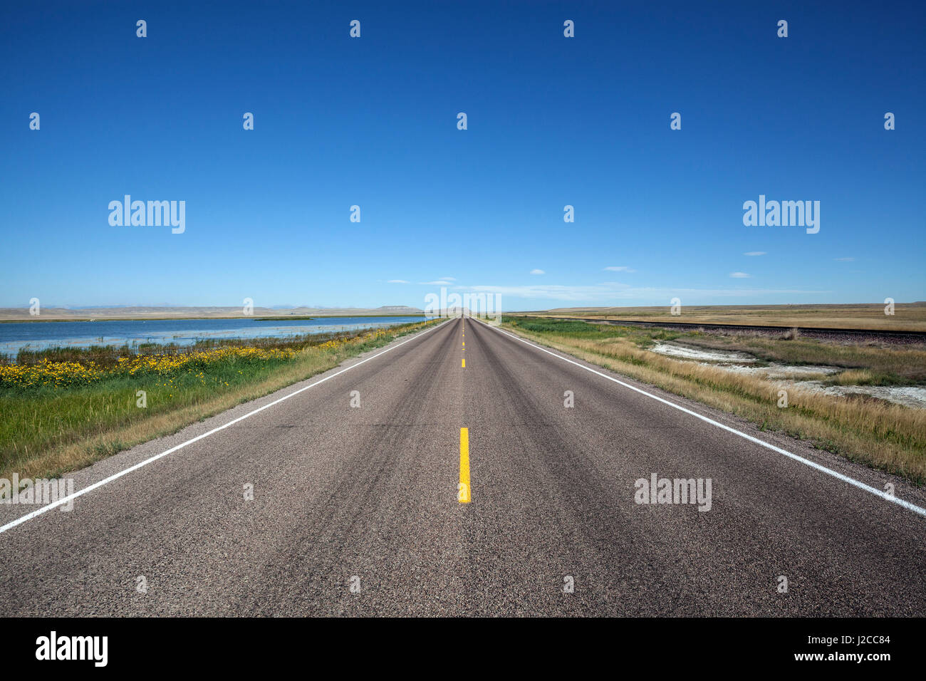 Route droite vide, près de Browning, Montana, USA Banque D'Images