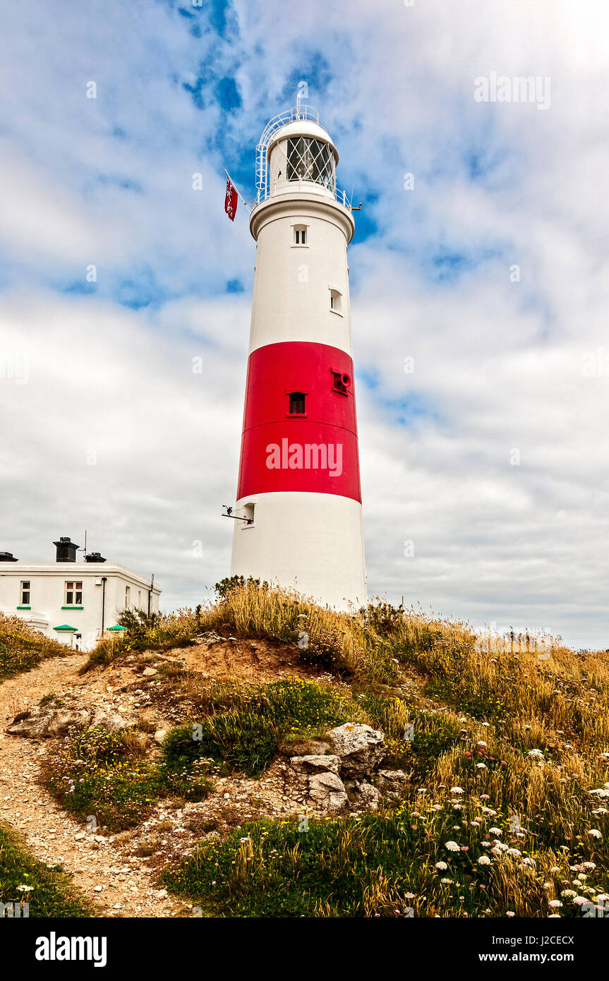 La tour blanche de portland bill lighthouse avec sa bande rouge distinctif et de la lanterne est exploité par Trinity House et est une attraction touristique premier Banque D'Images