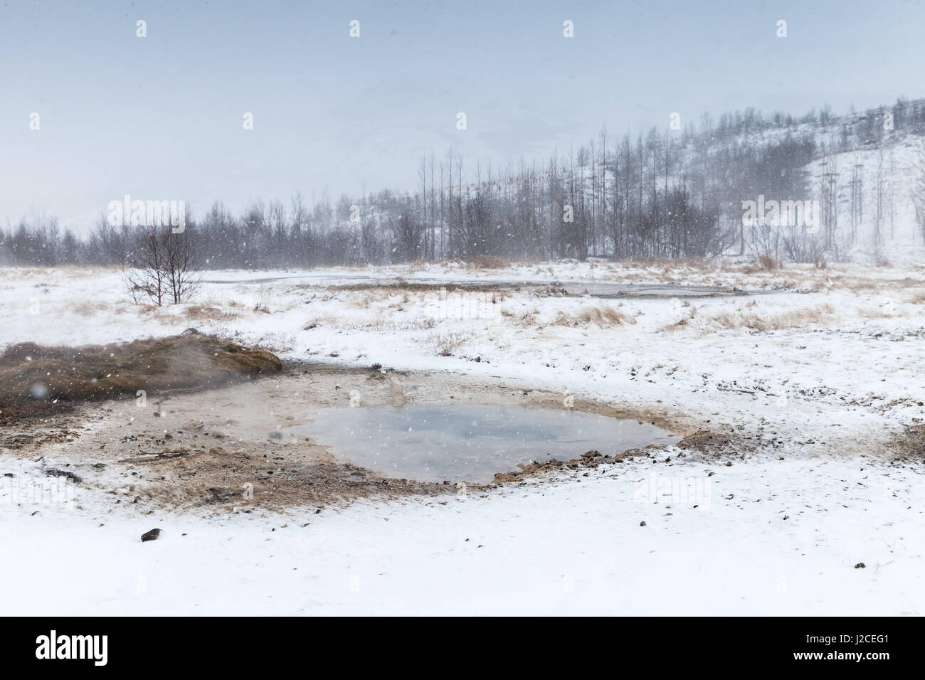 L'ébullition de l'eau du geyser dans le sud-ouest de l'Islande, la saison d'hiver Banque D'Images