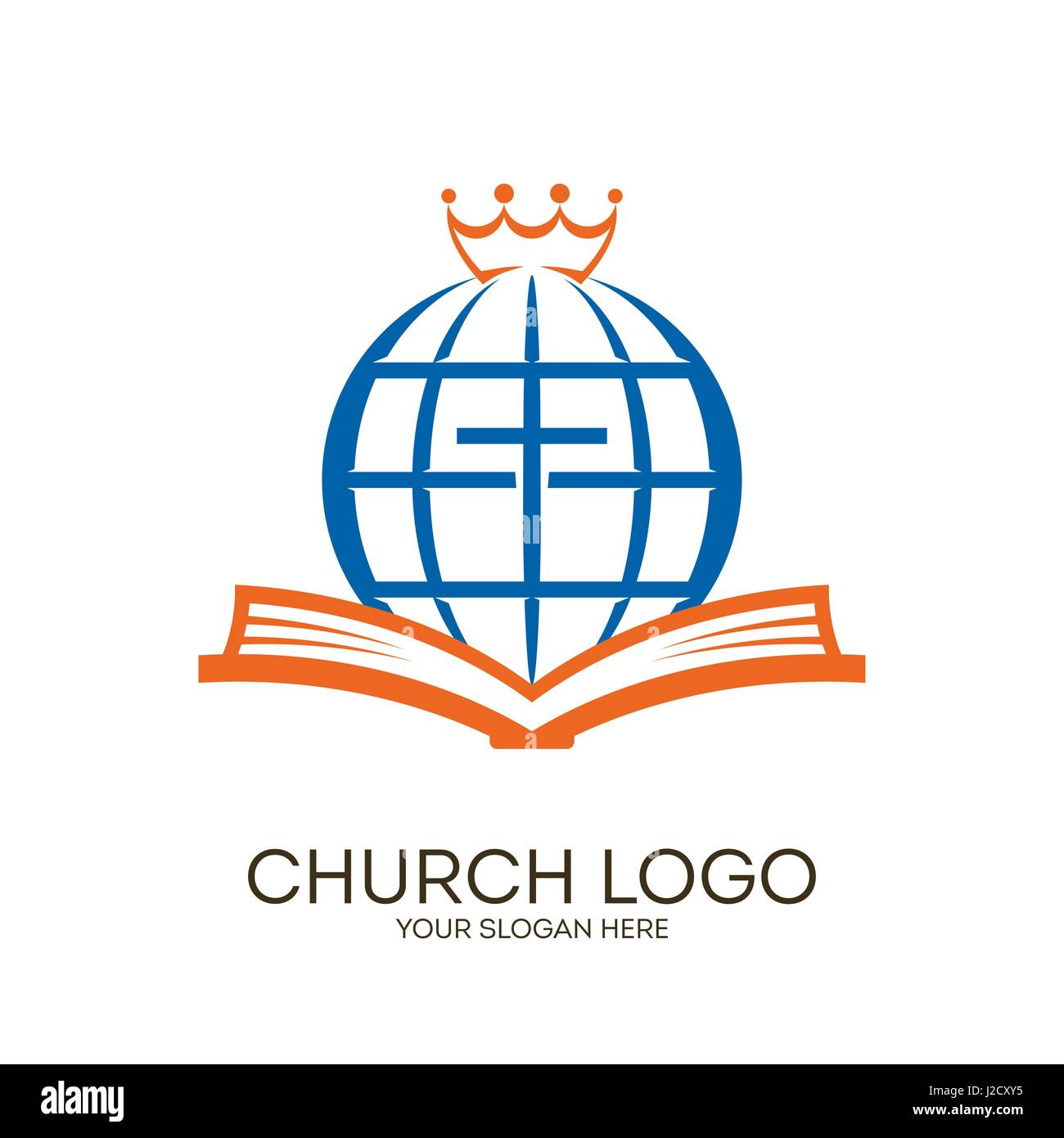 Logo de l'église. Symboles chrétiens. Bible, croix, globe et couronne. Illustration de Vecteur