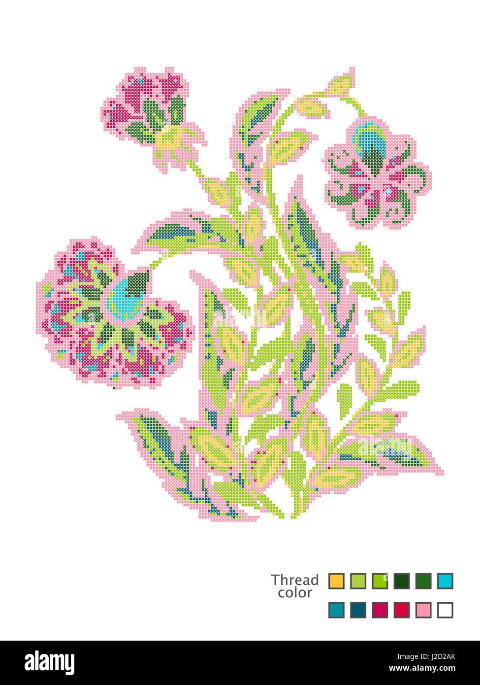 De croix de fleurs. Prêt-à-modèle pour les coutures. Catalogue de couleurs utilisées. Vector Illustration de Vecteur