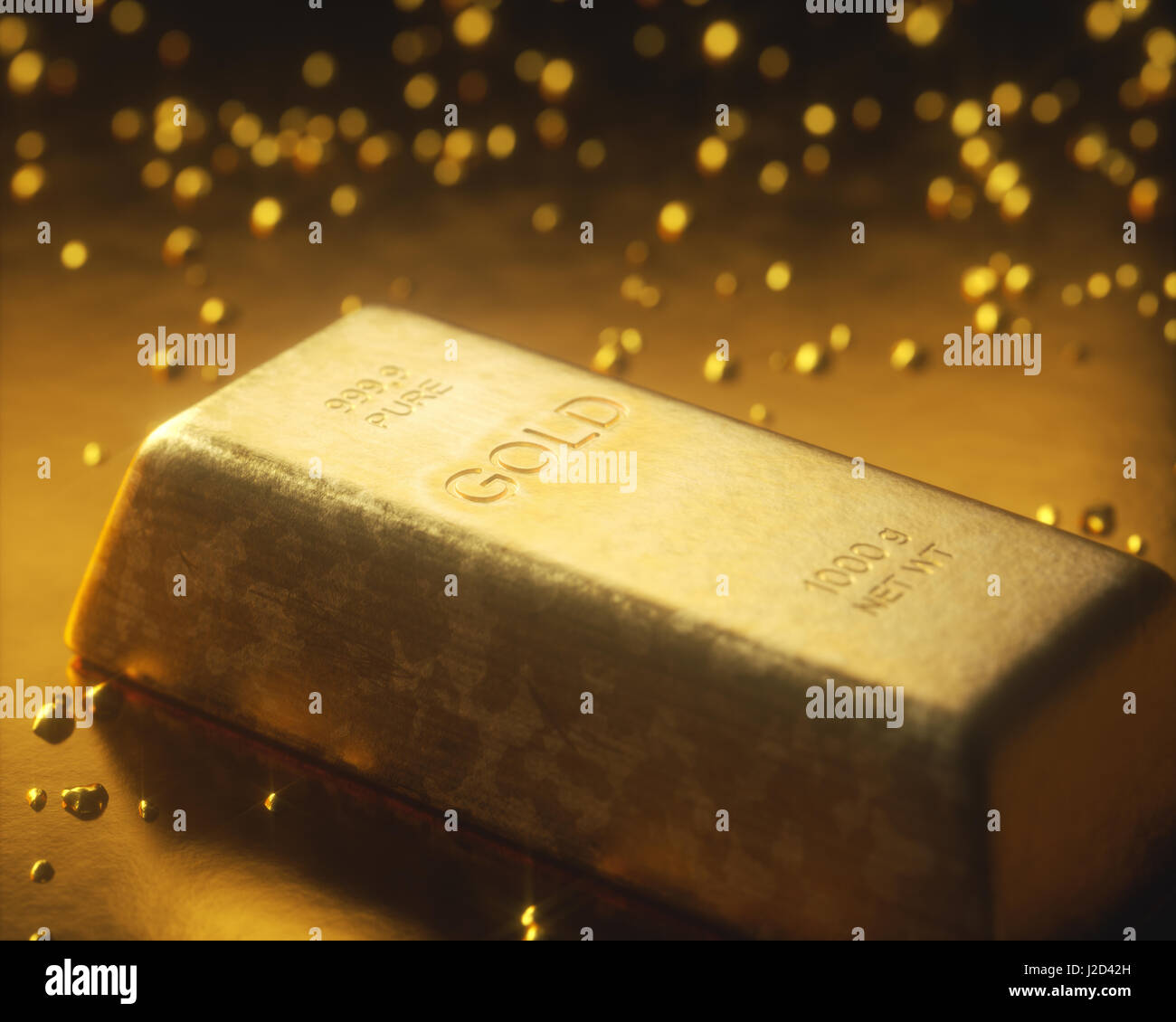 Bar 1000 grammes d'or, au milieu de pépites d'or. L'exploration et l'exploitation minière d'or concept. Banque D'Images