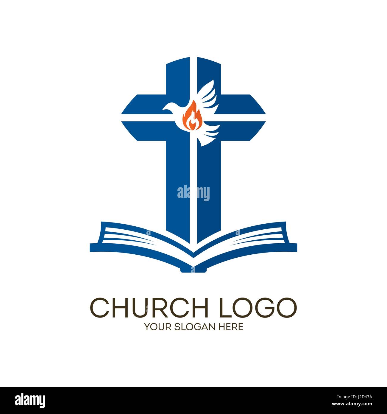 Logo de l'église. Symboles chrétiens. Bible, croix et Esprit Saint, colombe. Illustration de Vecteur