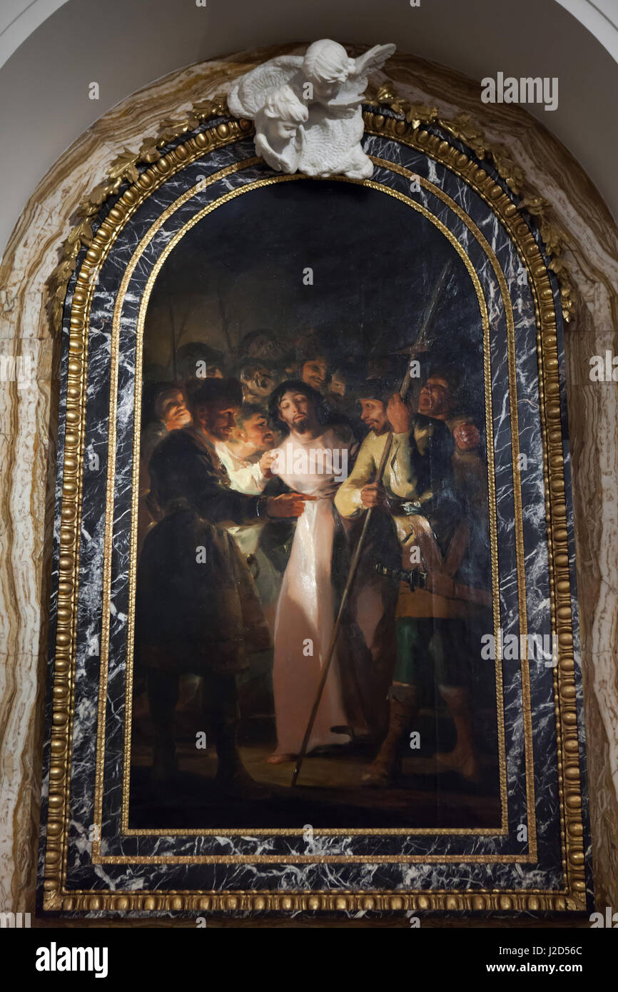 Peinture 'arrestation de Jésus' (Prendimiento de Cristo) par peintre espagnol Francisco de Goya (1798) sur l'affichage dans l'autel latéral de la sacristie de la cathédrale de Tolède à Tolède, en Espagne. Banque D'Images