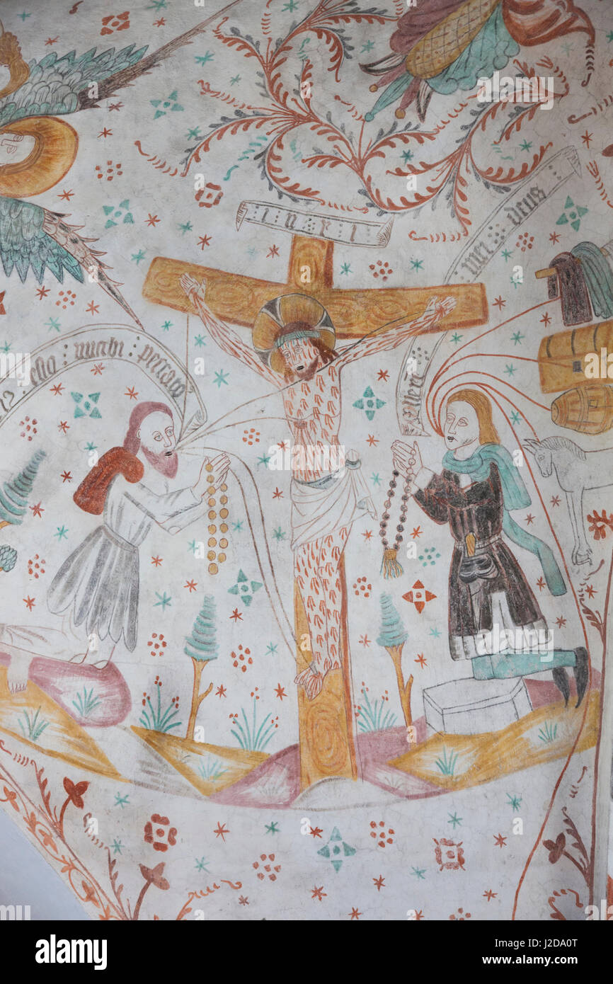 Le Danemark, Mon, Elmelunde Kirke, Elmelunde Church, 11e siècle, l'intérieur des fresques et Jésus Christ Banque D'Images