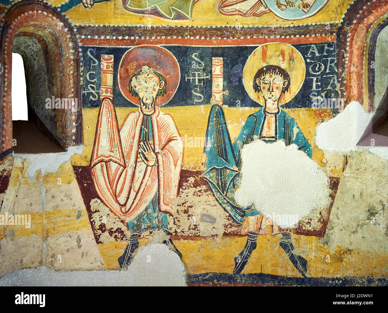 Fresques romanes représentant les apôtres de l'église de Sant Miguel d'Engolasters, Les Escaldes, Andorre.. Peinte autour de 1160. Musée national d'Art Banque D'Images