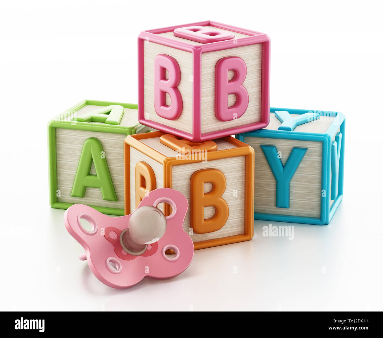 Jouet bébé cubes colorés formant des mots. 3D illustration. Banque D'Images