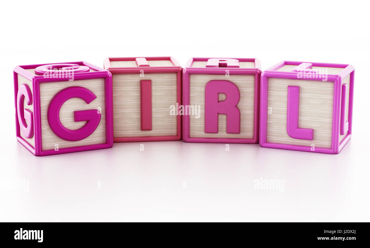 Jouet bébé cubes colorés formant des mots. 3D illustration. Banque D'Images