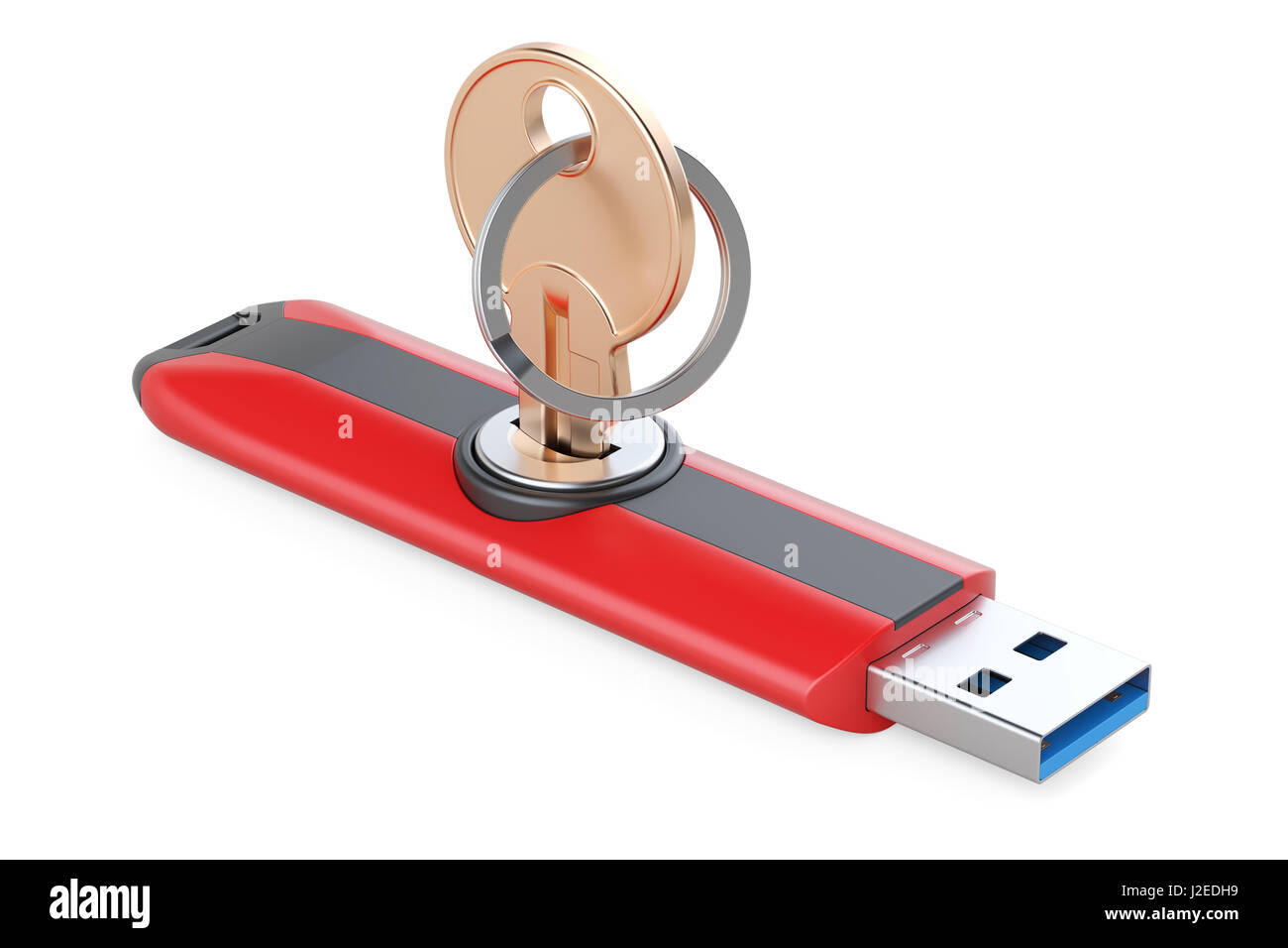 Le lecteur flash USB avec clé, concept de sécurité. Le rendu 3D isolé sur fond blanc Banque D'Images