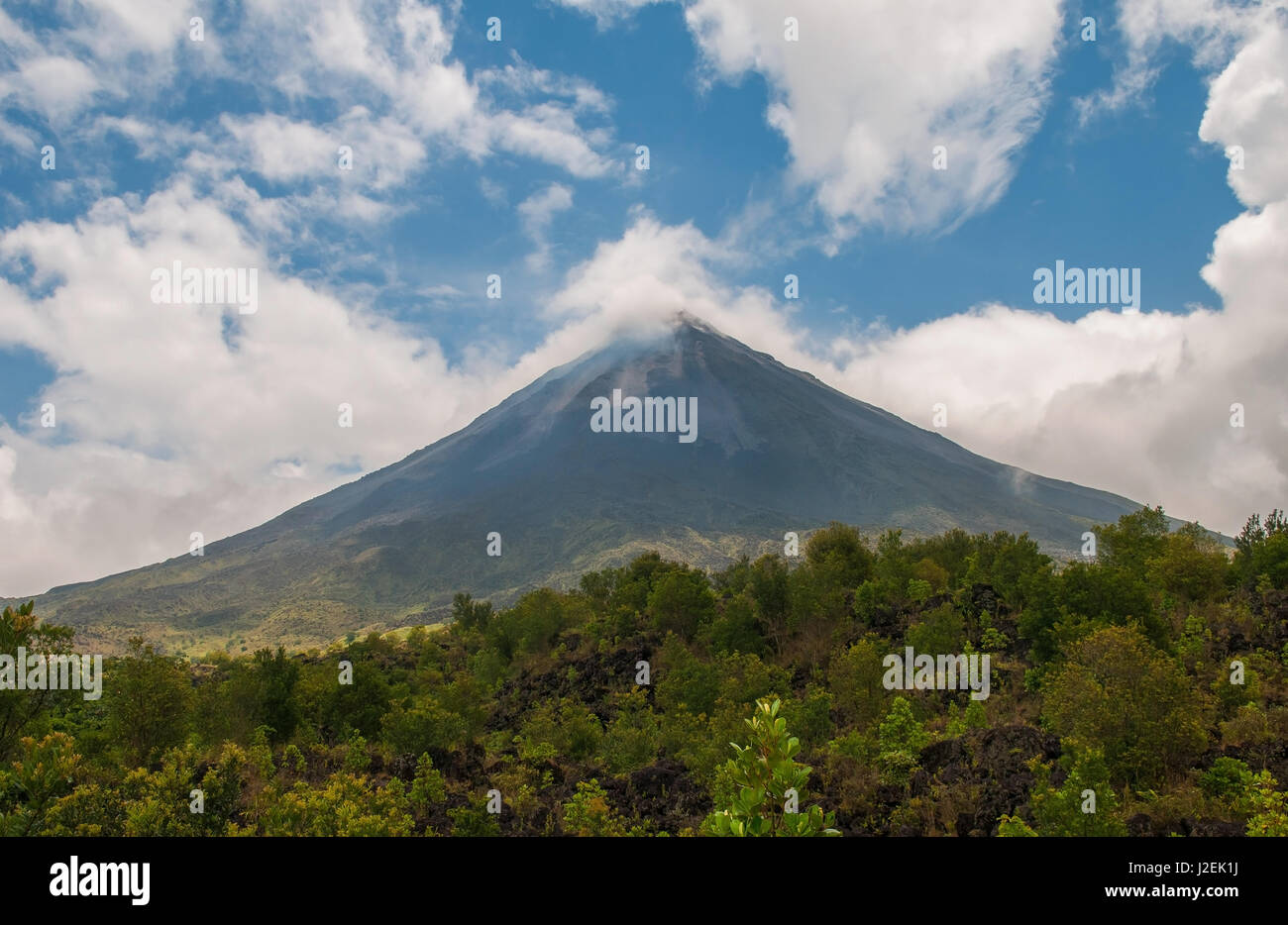 Paysage du volcan Arenal près de La Fortuna avec l'activité volcanique (vapeur d'eau et de cendres) et la forêt tropicale au Costa Rica. Banque D'Images