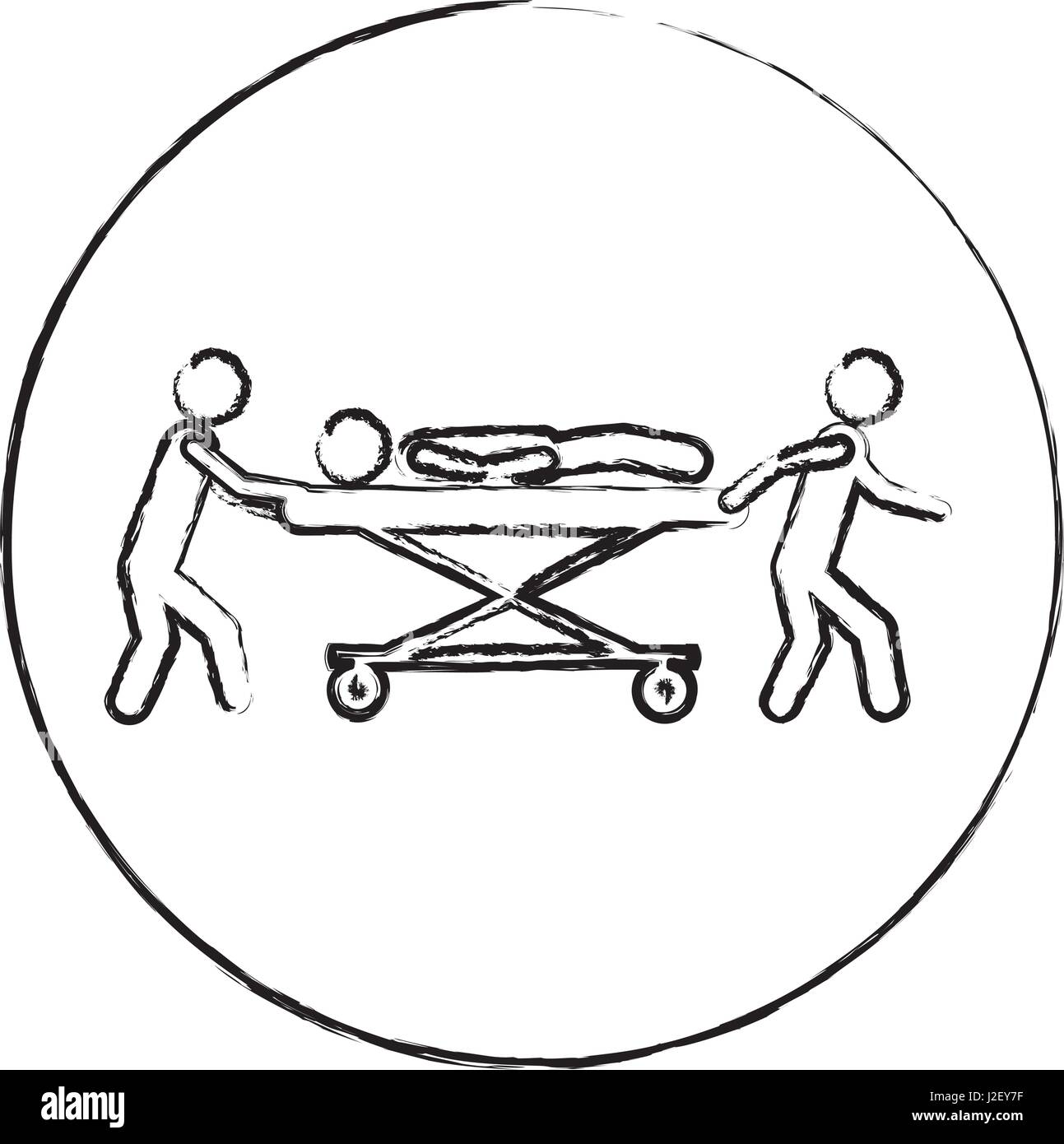 Châssis circulaire pictogramme silhouette floue avec les paramédics en civière patient Illustration de Vecteur