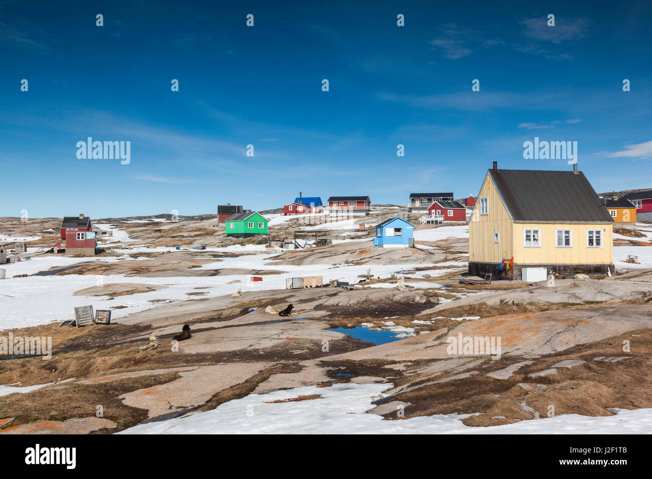 Le Groenland, baie de Disko, Oqaatsut village, bâtiments Banque D'Images