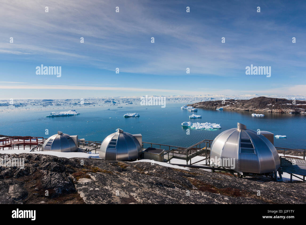 Le Groenland, baie de Disko, Ilulissat, maisons au bord de l'igloo Banque D'Images