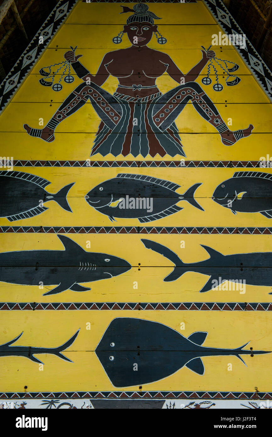 Détail d'art dans une ancienne maison du chef Bai, l'île de Babeldaob, Palaos, Centre du Pacifique Banque D'Images