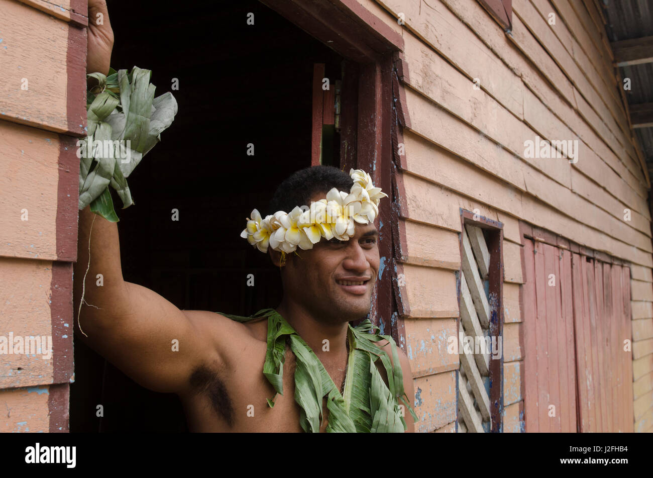 Robe de cérémonie traditionnelle de l'homme, l'île de Kioa, Fidji. Banque D'Images