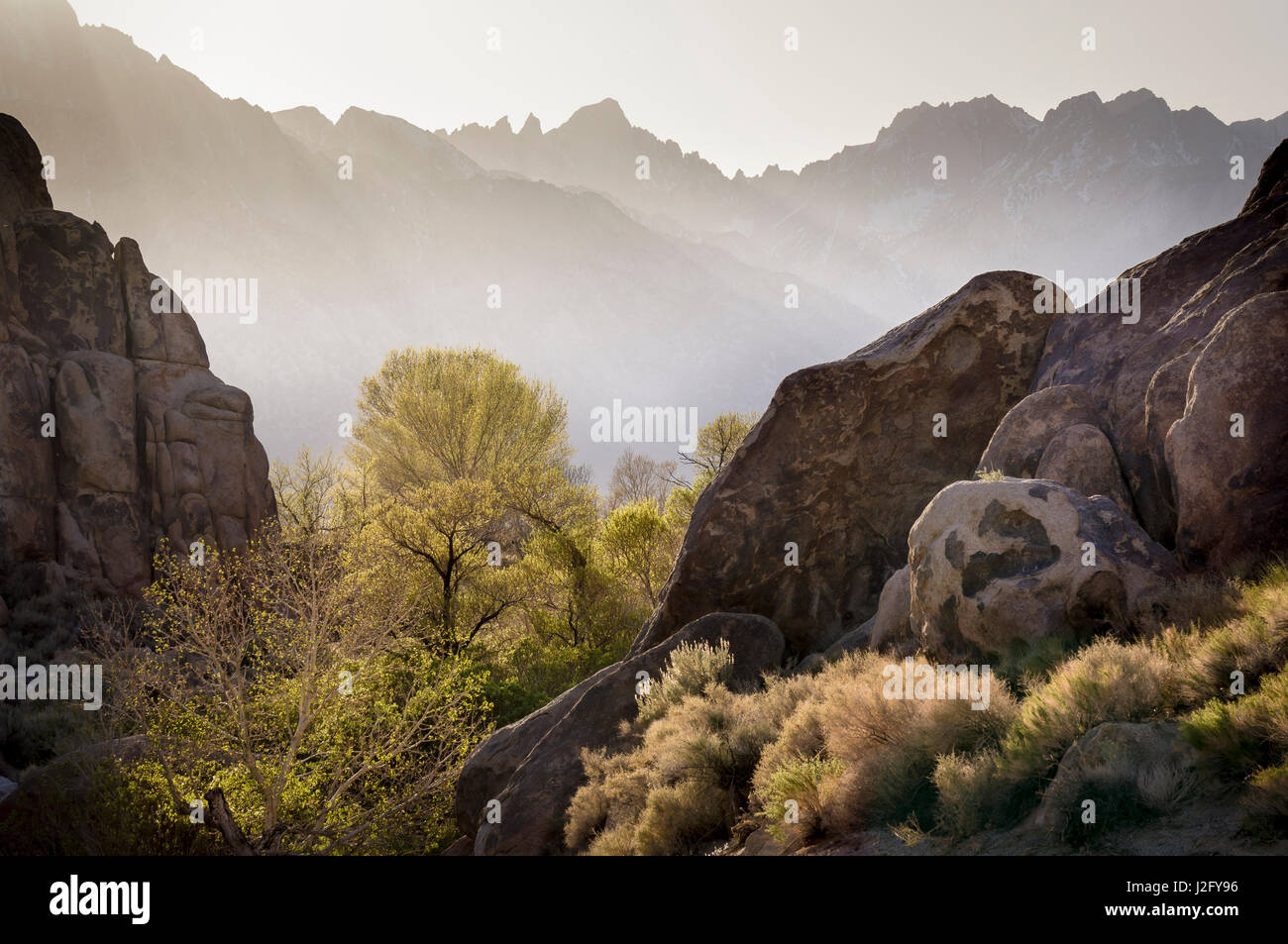 Alabama Hills, Lone Pine, en Californie, Mt. Whitney à distance Banque D'Images