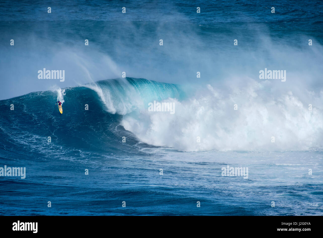 USA, Hawaii, Maui. Kai Lenny monster surf vagues à Pe'ahi Jaws, Rive Nord de Maui. Banque D'Images