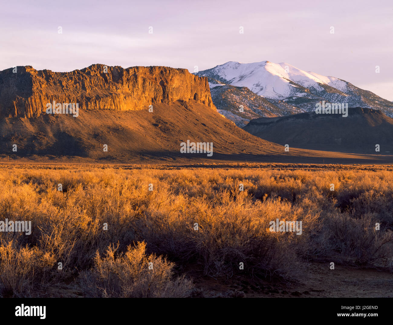 Utah Nevada. USA. Badigeonner au coucher du soleil en hiver au-dessous des falaises volcaniques de Rhyolite Butte et plage de pilote. Sur la frontière de l'État du Nevada Utah. Grand Bassin. Tailles disponibles (grand format) Banque D'Images