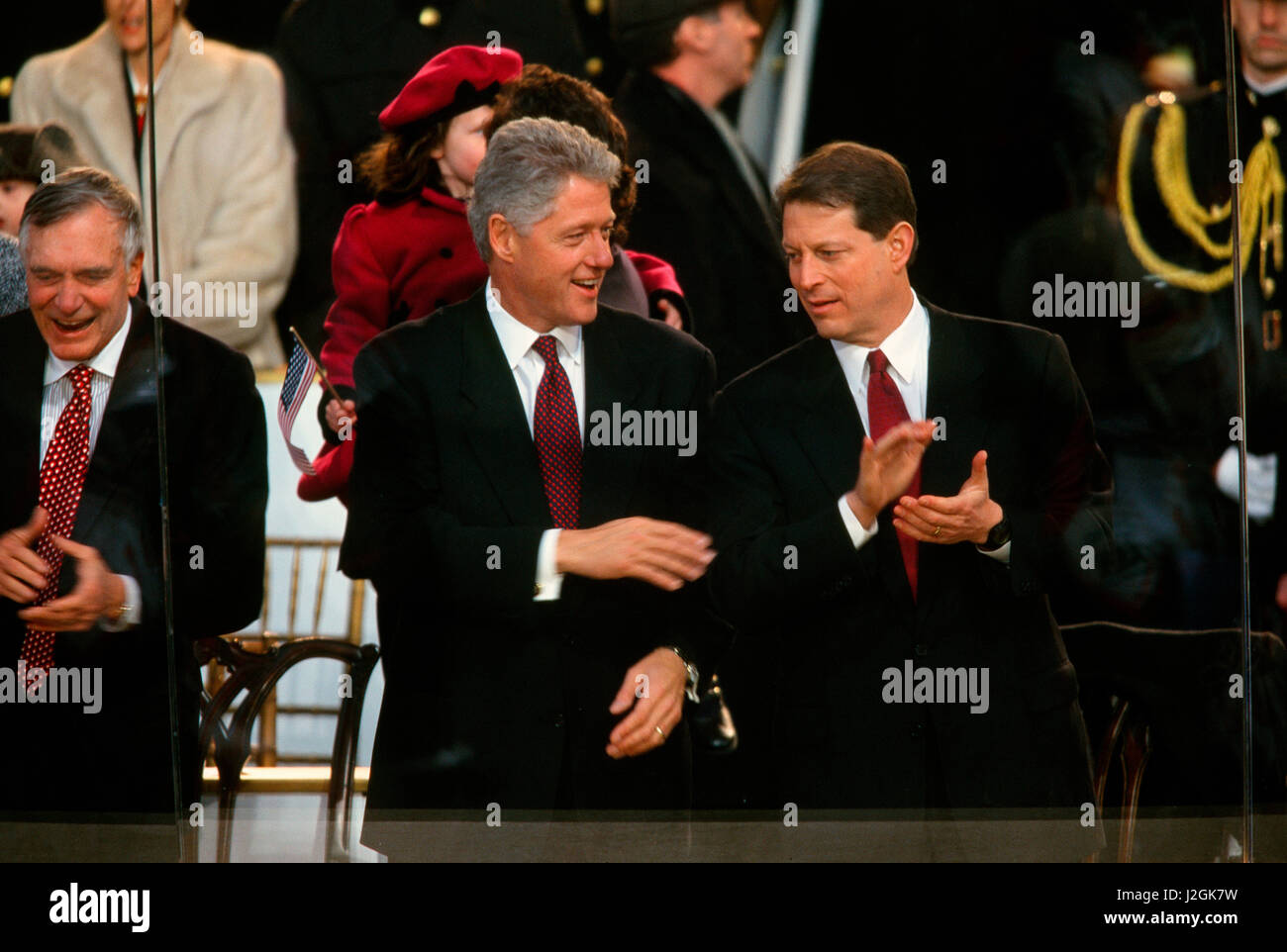 Clinton et Gore Deuxième inauguration au cours de l'examen de la parade d'inauguration. Banque D'Images
