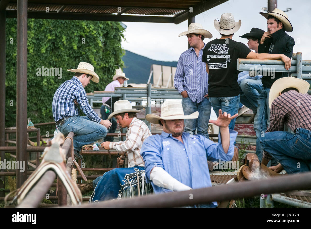 Taos, Nouveau Mexique, USA. Petite ville western rodéo. Les concurrents de cow-boy préparez-vous derrière les chutes. Banque D'Images