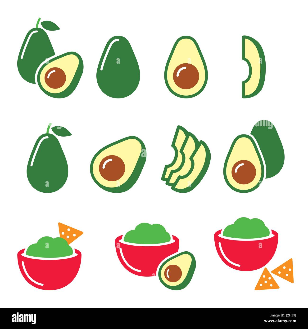 L'avocat coupé en deux, les fruits, le guacamole nachos avec icons set Illustration de Vecteur