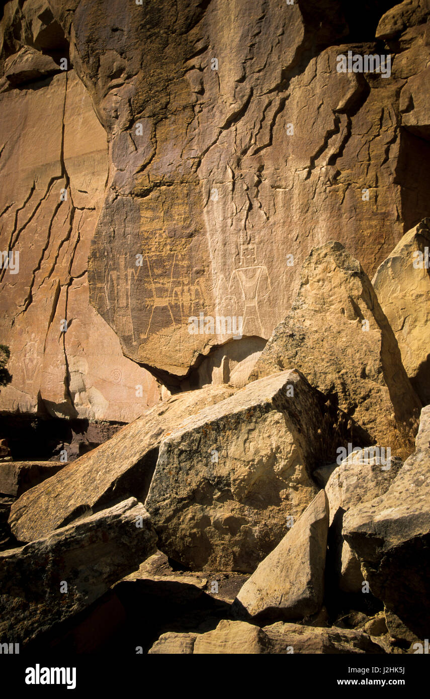 Petroglyph Freemont rock art sur panneau canyon connu sous le nom de "Les Trois Rois" sur le Ranch McConkie à sec Fourches de Canyonlands, Utah Banque D'Images