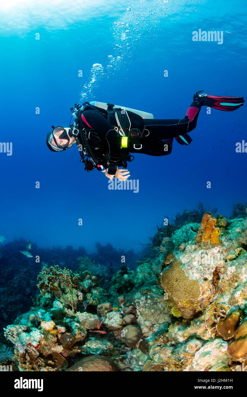 Happy female-plongeur sur un récif de corail Banque D'Images