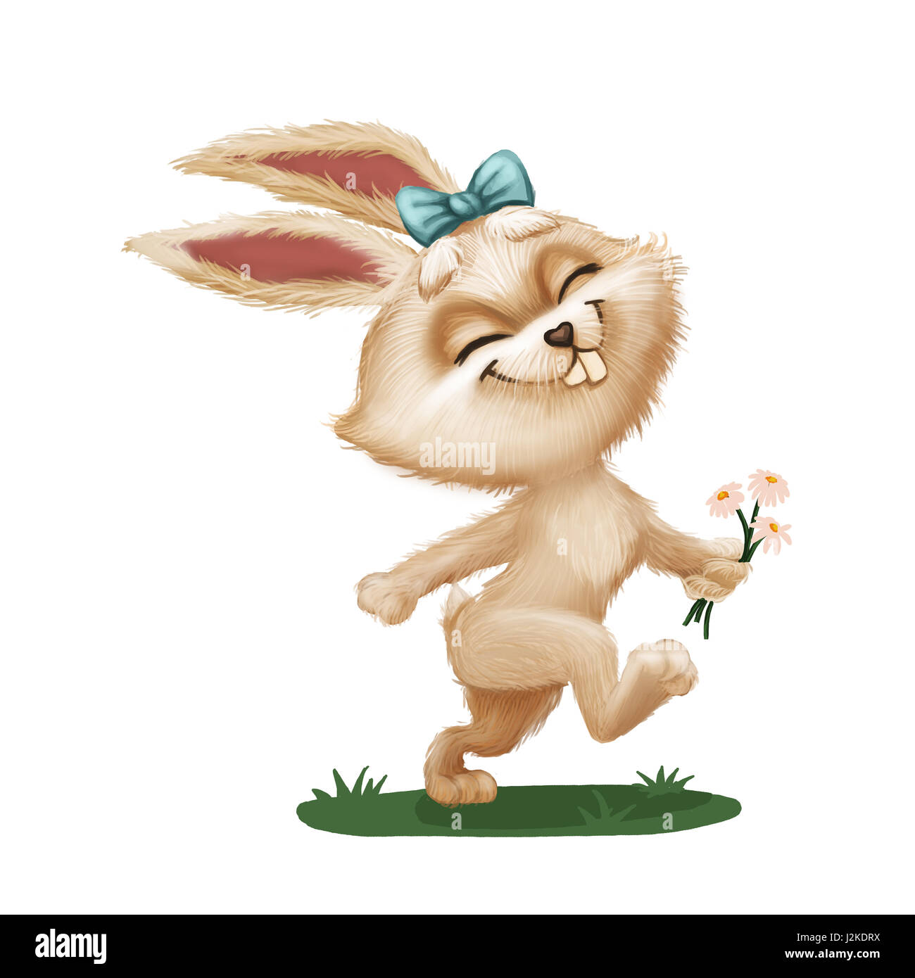 Happy Cute Bunny Furry avec Fleur - Cartoon animal mascotte de caractères à travers champ vert Banque D'Images